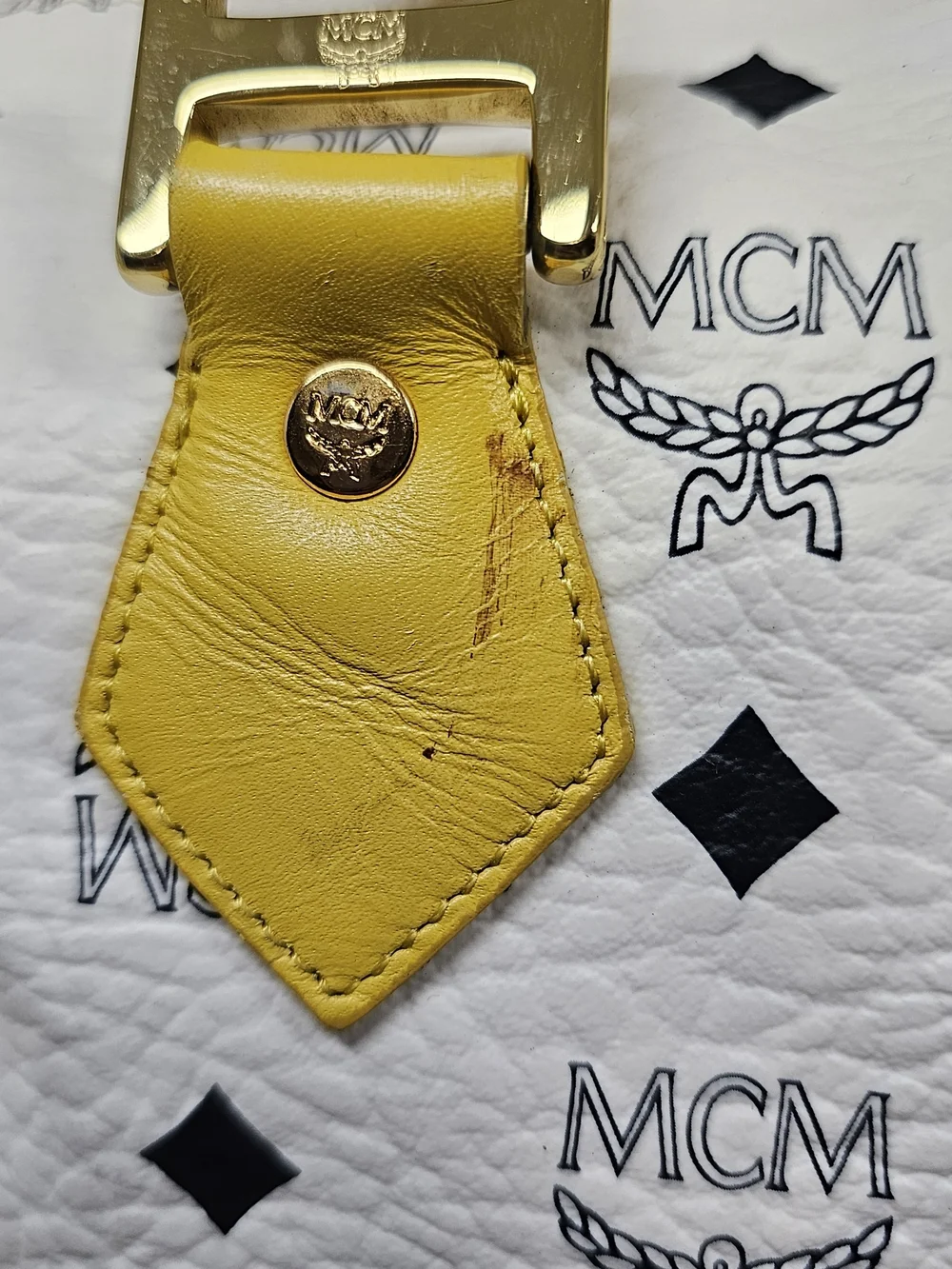 MCM White & Yellow Logo Satchel